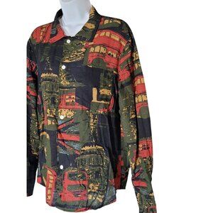 Oneine Shirt Womens L Button Long Sleeve Collar London Buses UK Print Top